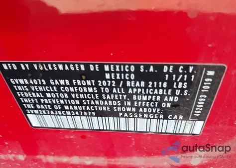 2012 Volkswagen Jetta 2.0L S z USA, uszkodzony, nr VIN 3VW2K7AJ8CM347979